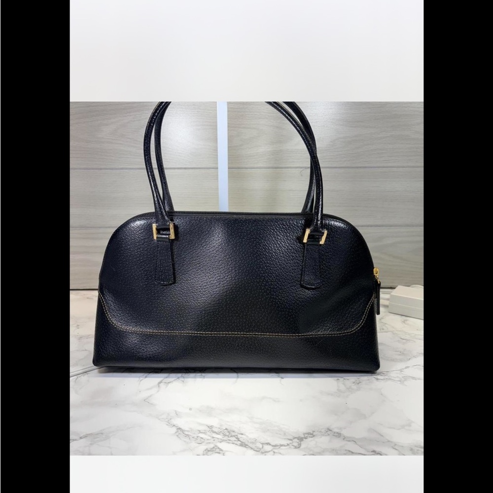 Structured Black Leather Shoulder Bag with Gold Accents
